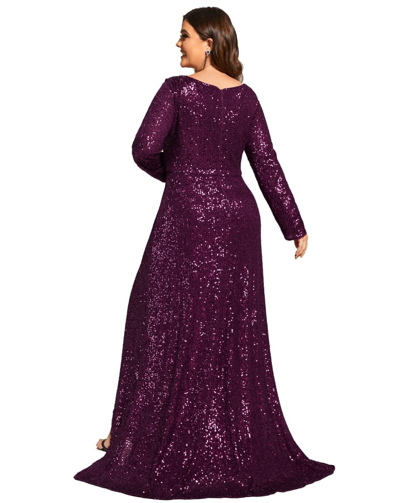 Sequin Long Sleeve V neck Asymmetrical Hem Evening Dress Dark Purple
